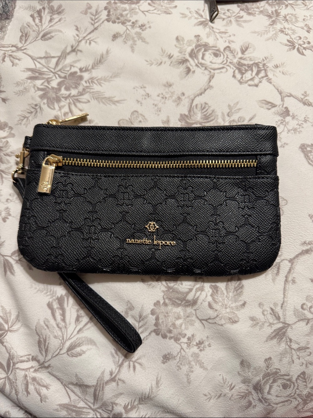 Nanette Lepore Black Wristlet Clutch with Gold Accents
